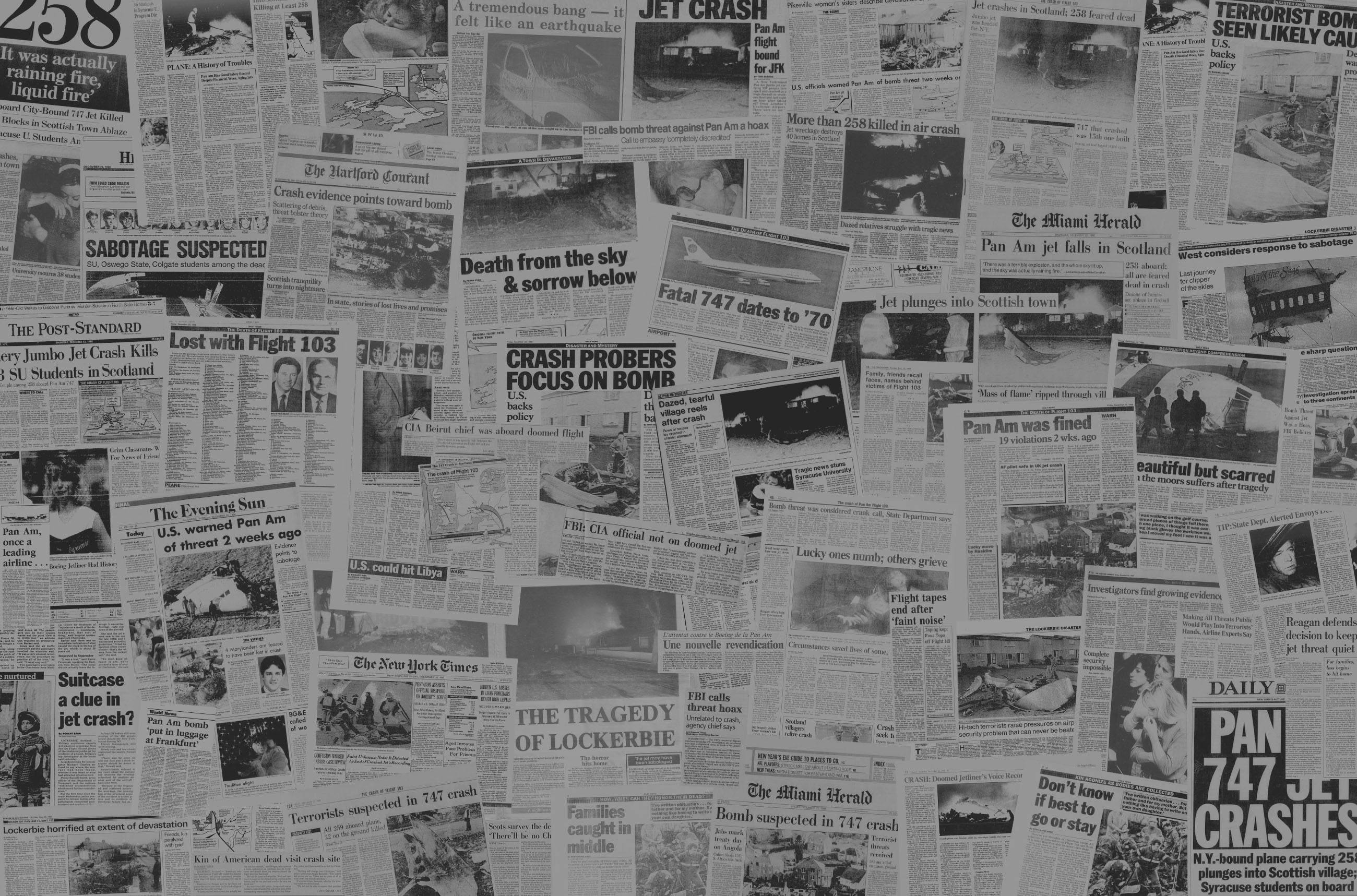 Collage of newspaper headlines about the 1988 terrorist bombing of Pan Am flight 103