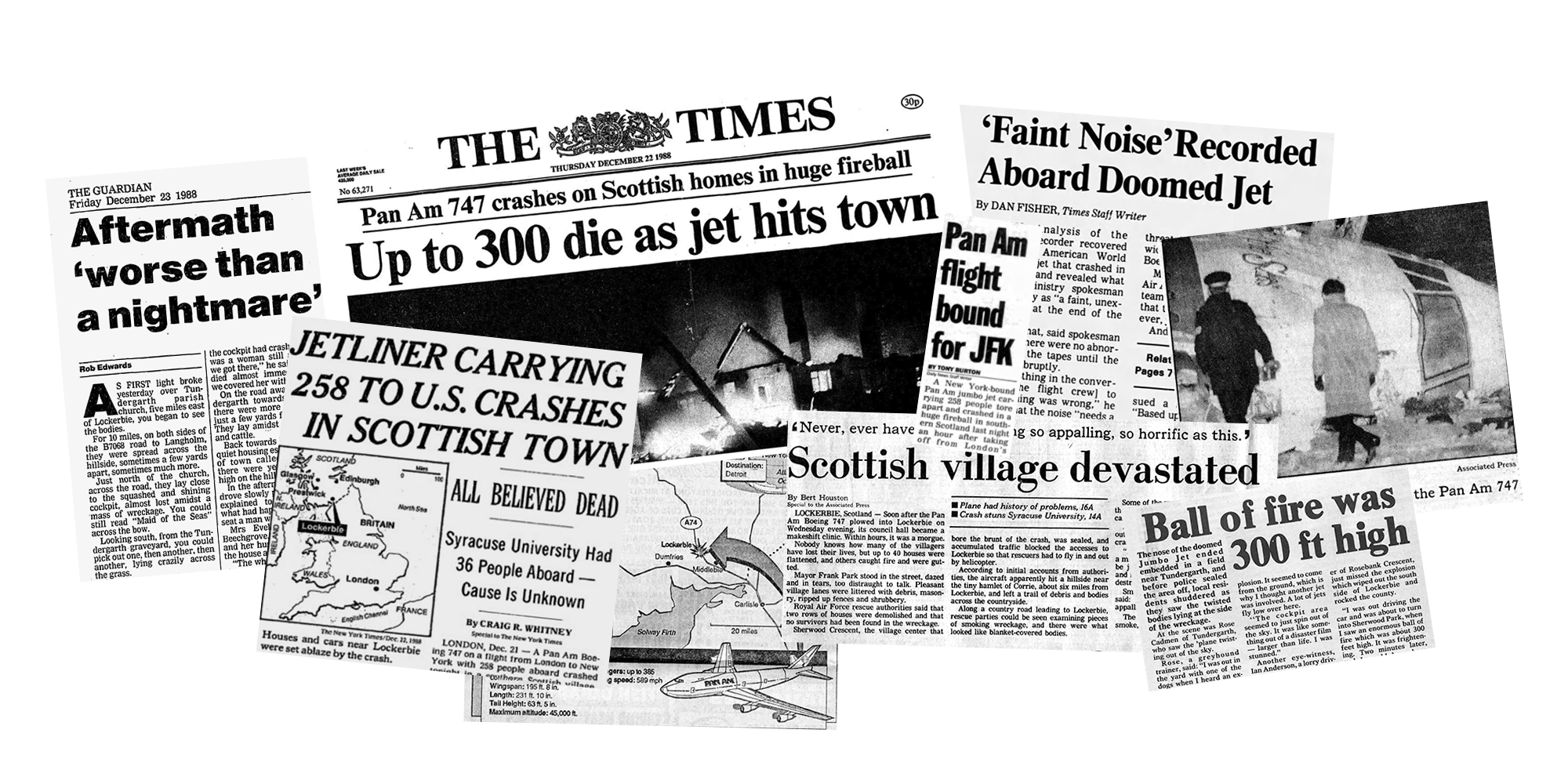 Collage of newspaper headlines about 1988 terrorist bombing of Pan Am flight 103