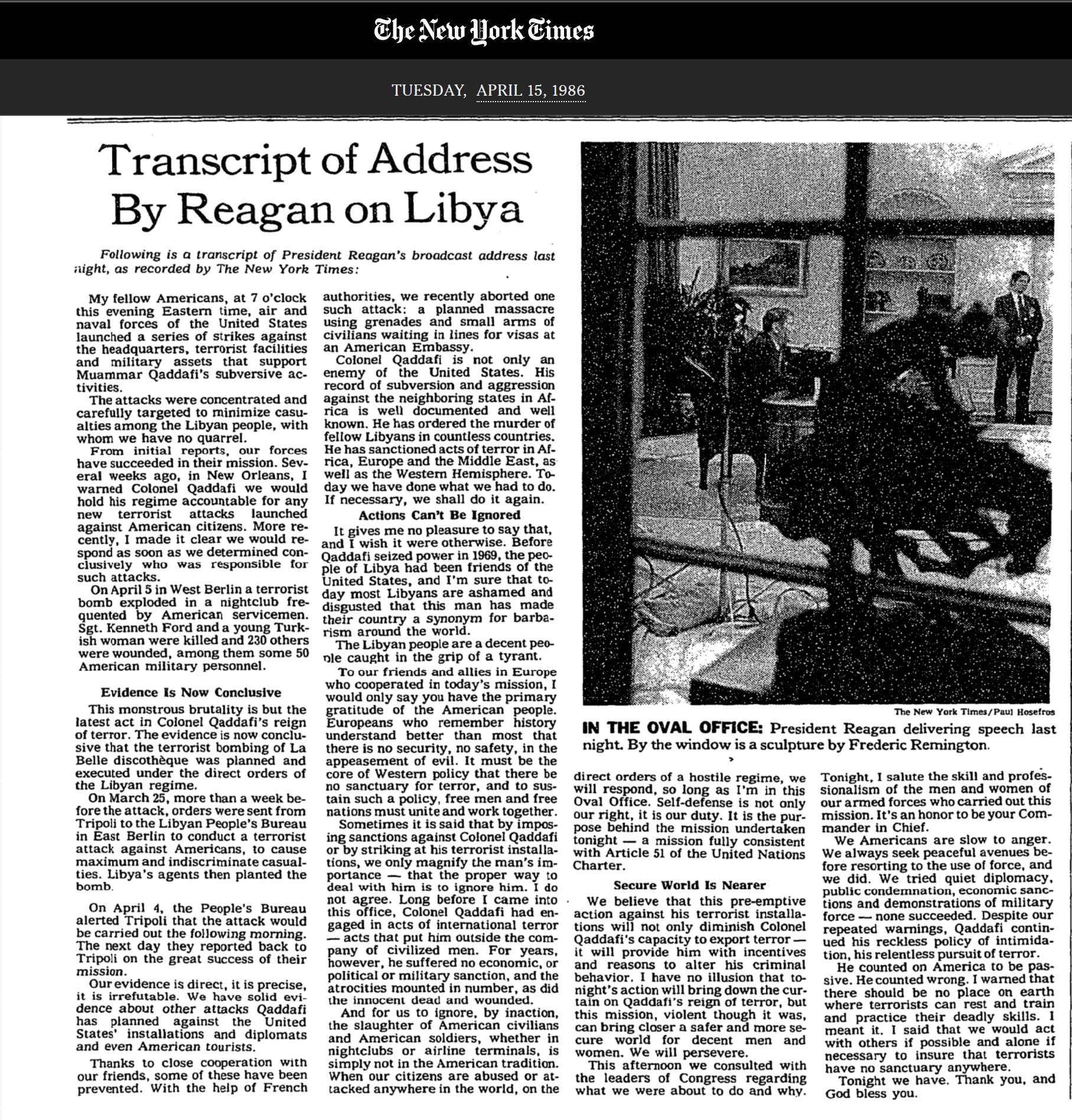 Transcript of Address by Reagan on Libya